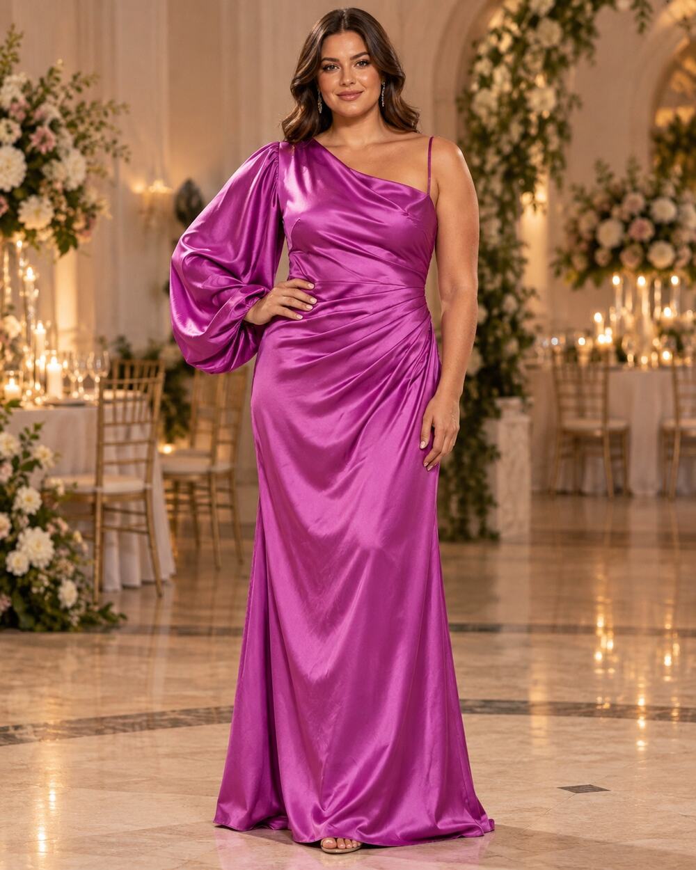 New with Tags Mac Duggal 26588 Orchid One Shoulder Puff Sleeve Gown Size 14